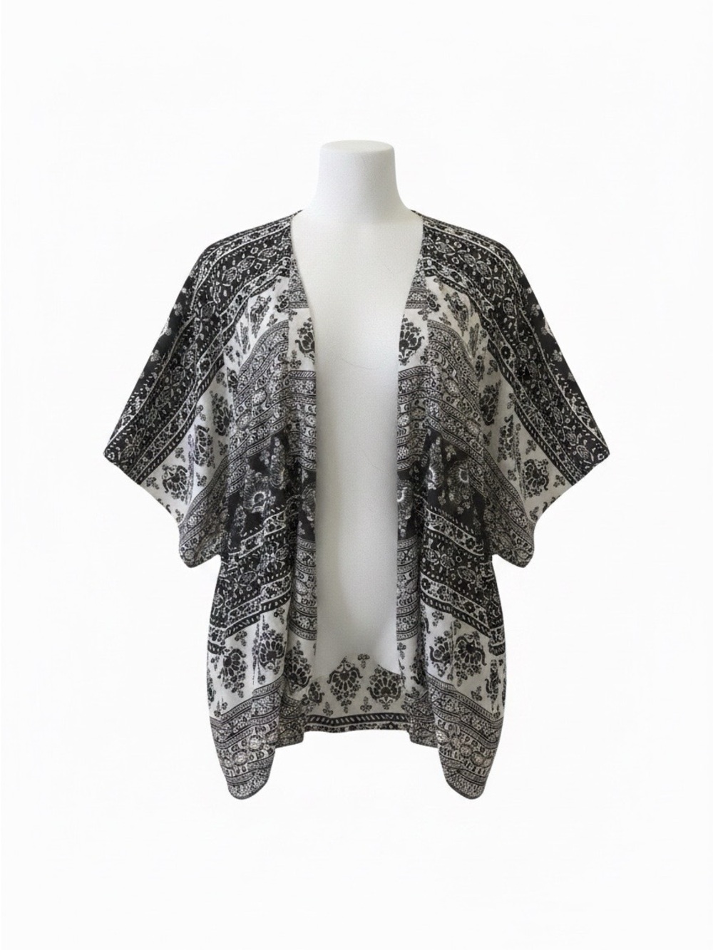 Black & White Boho Open-Front Kimono
